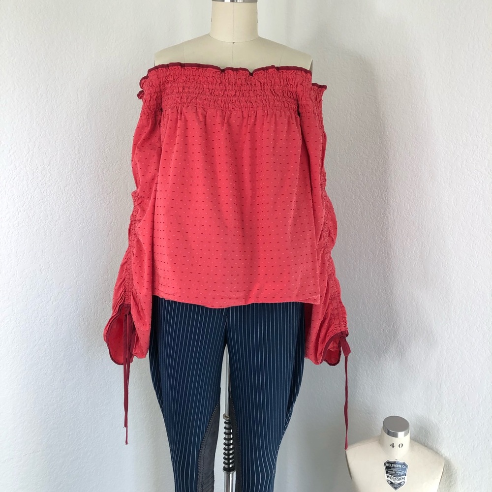 Parker NY Swiss Dot Smocked Off the Shoulder Blouse